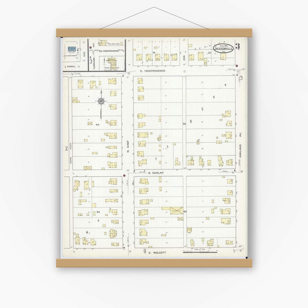 Old map wall art mockup — magnetic wood frame on white wall — Sanborn Fire Insurance Map from Jacksonville, Morgan County, Illinois (1914), Sheet #0003