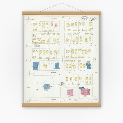 Old map wall art mockup — magnetic wood frame on white wall — Sanborn Fire Insurance Map from Kankakee, Kankakee County, Illinois (1907), Sheet #0012