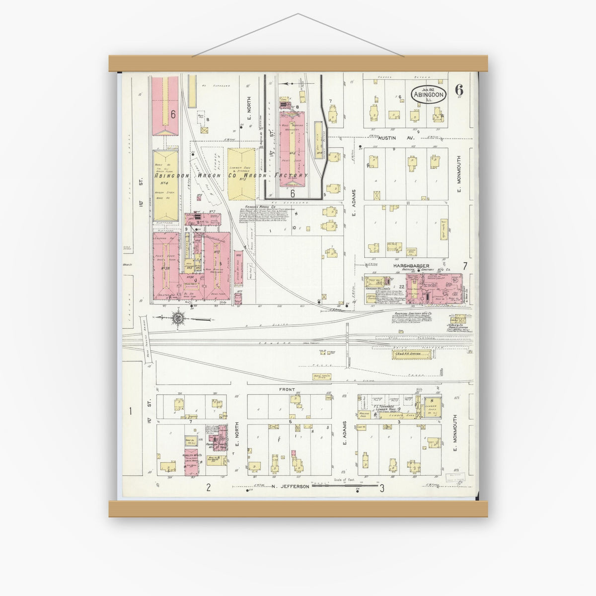 Old map wall art mockup — magnetic wood frame on white wall — Sanborn Fire Insurance Map from Abingdon, Knox County, Illinois (1912), Sheet #0006