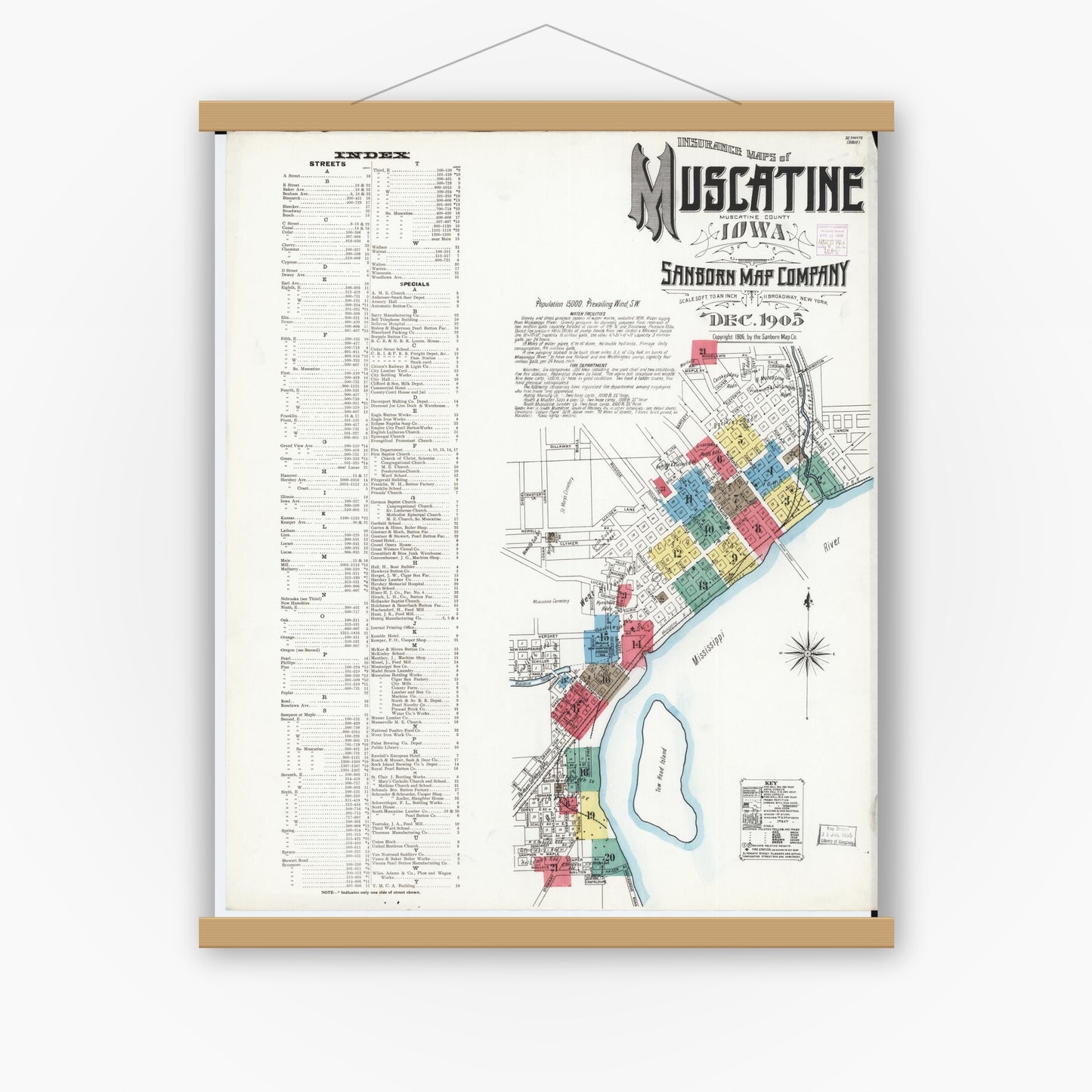 Old map wall art mockup — magnetic wood frame on white wall — Sanborn Fire Insurance Map from Muscatine, Muscatine County, Iowa (1905) â€” Complete Set
