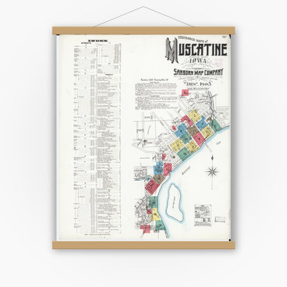 Old map wall art mockup — magnetic wood frame on white wall — Sanborn Fire Insurance Map from Muscatine, Muscatine County, Iowa (1905) â€” Complete Set