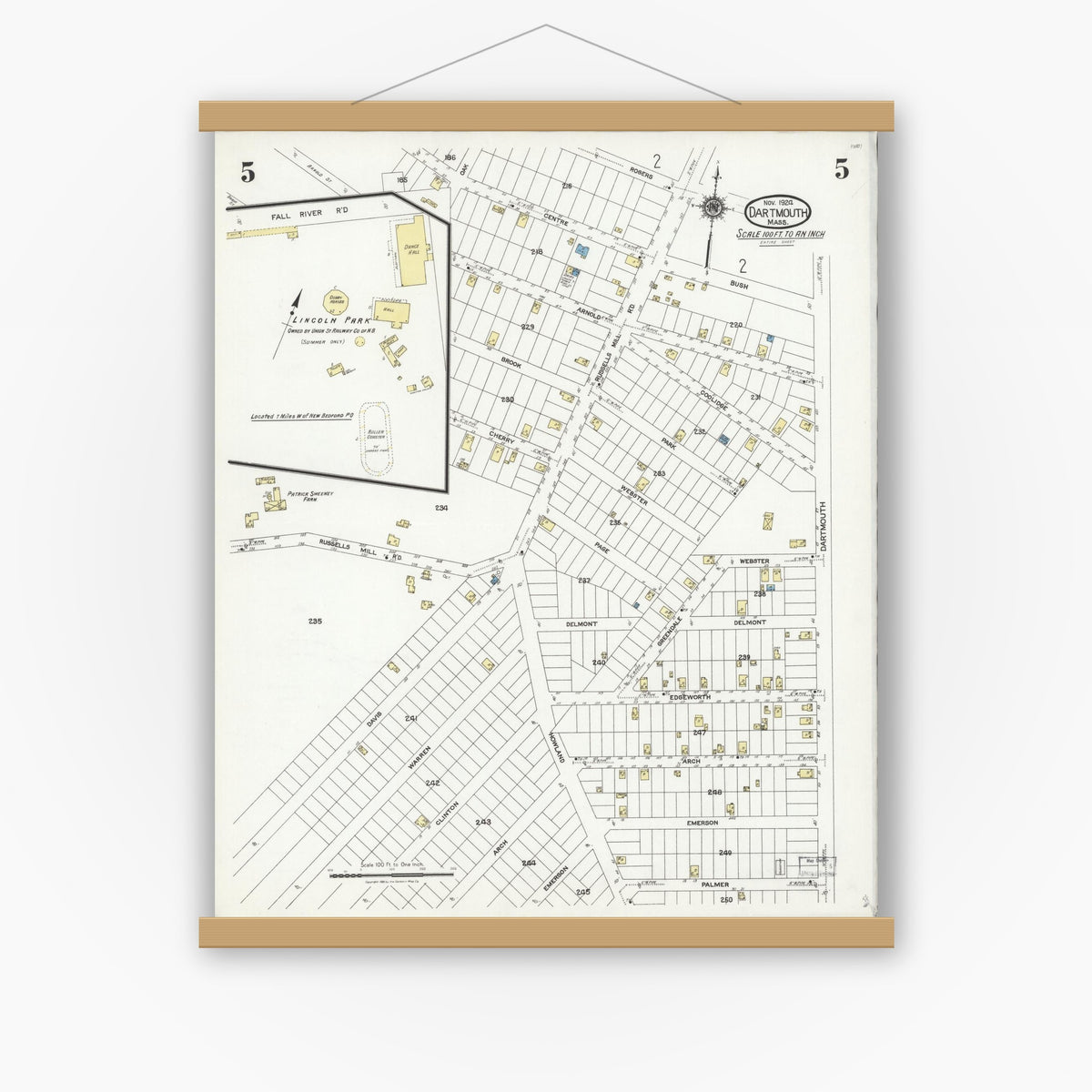Old map wall art mockup — magnetic wood frame on white wall — Sanborn Fire Insurance Map from Dartmouth, Bristol County, Massachusetts (1924), Sheet #0005