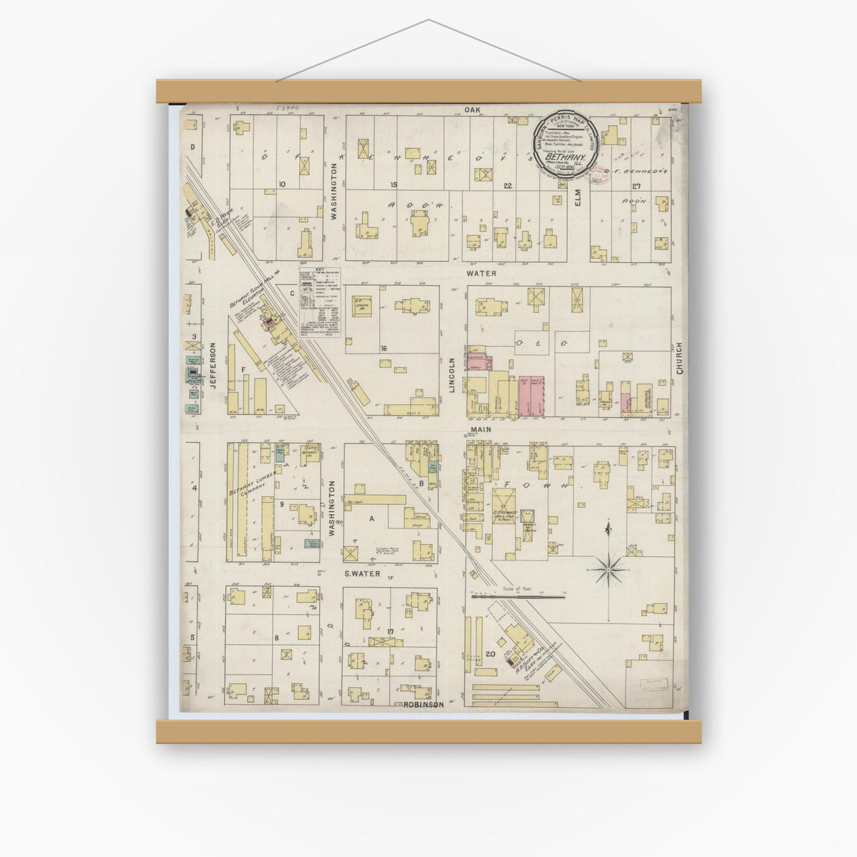 Old map wall art mockup — magnetic wood frame on white wall — Sanborn Fire Insurance Map from Bethany, Moultrie County, Illinois (1895), Sheet #0001