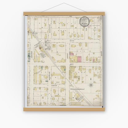 Old map wall art mockup — magnetic wood frame on white wall — Sanborn Fire Insurance Map from Bethany, Moultrie County, Illinois (1895), Sheet #0001
