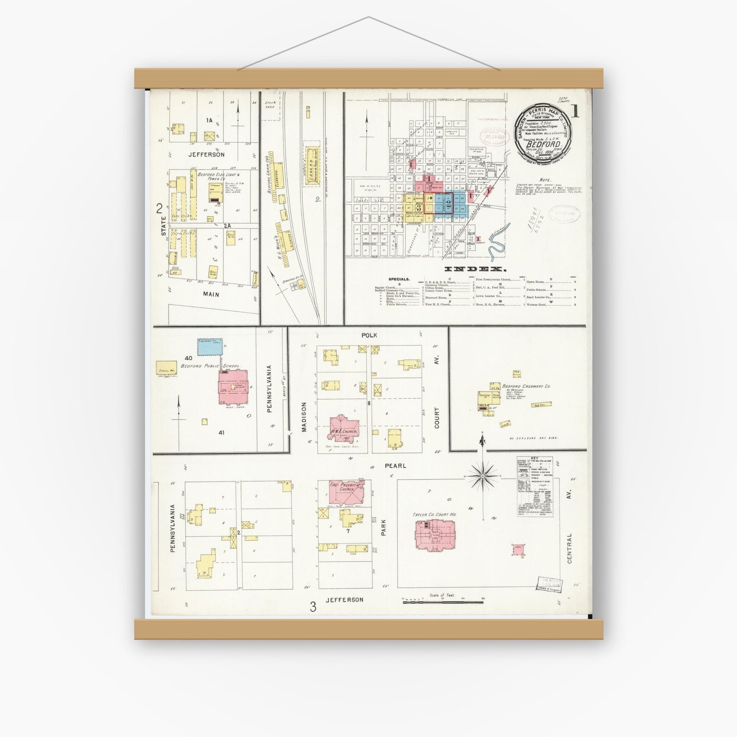 Old map wall art mockup — magnetic wood frame on white wall — Sanborn Fire Insurance Map from Bedford, Taylor County, Iowa (1898), Sheet #0001