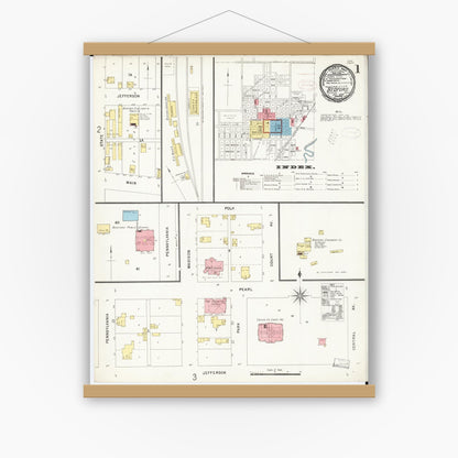 Old map wall art mockup — magnetic wood frame on white wall — Sanborn Fire Insurance Map from Bedford, Taylor County, Iowa (1898), Sheet #0001