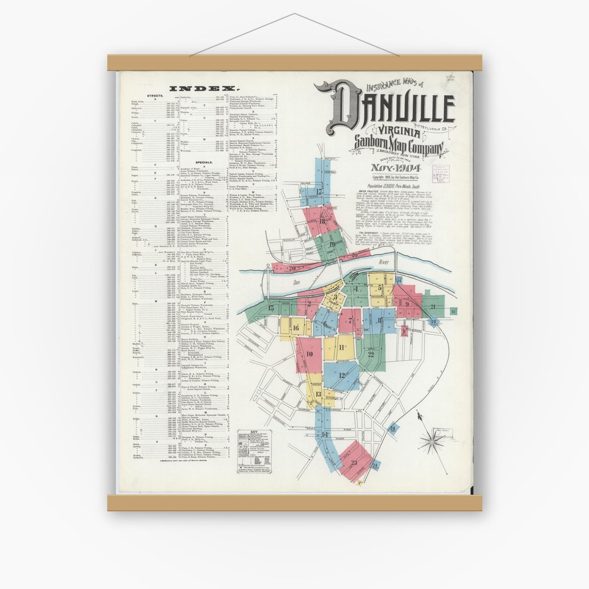 Old map wall art mockup — magnetic wood frame on white wall — Sanborn Fire Insurance Map from Danville, Independent Cities, Virginia (1904), Sheet #0001