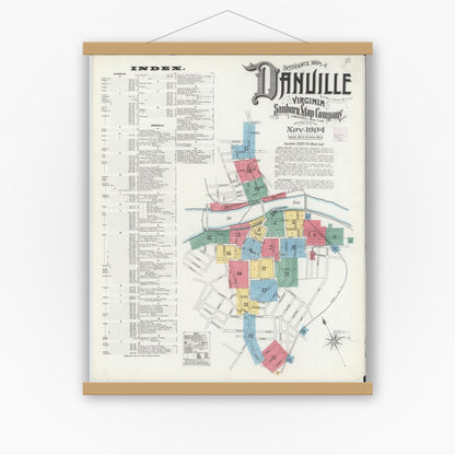 Old map wall art mockup — magnetic wood frame on white wall — Sanborn Fire Insurance Map from Danville, Independent Cities, Virginia (1904), Sheet #0001