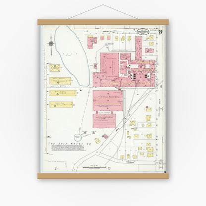 Old map wall art mockup — magnetic wood frame on white wall — Sanborn Fire Insurance Map from Wadsworth, Medina County, Ohio (1923), Sheet #0008