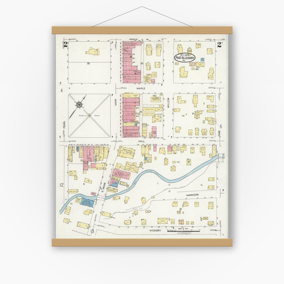 Old map wall art mockup — magnetic wood frame on white wall — Sanborn Fire Insurance Map from Port Allegany, McKean County, Pennsylvania (1924), Sheet #0002
