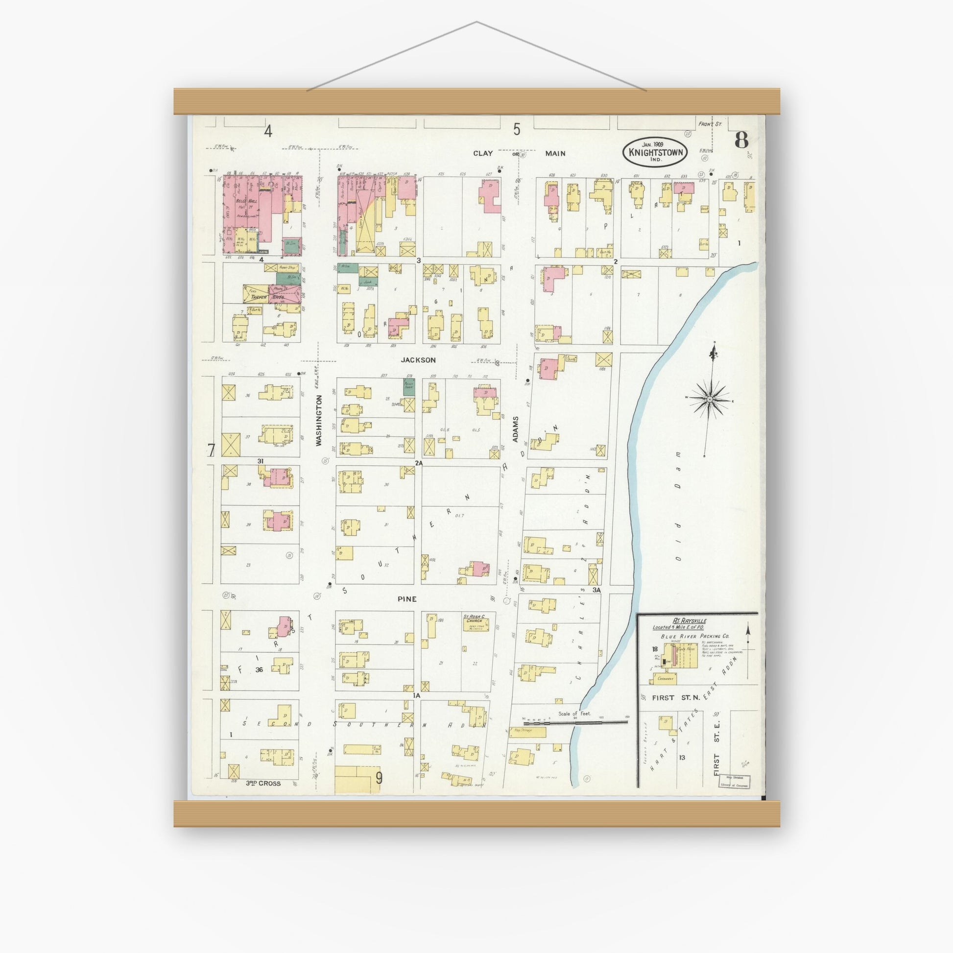 Old map wall art mockup — magnetic wood frame on white wall — Sanborn Fire Insurance Map from Knightstown, Henry County, Indiana (1909), Sheet #0008