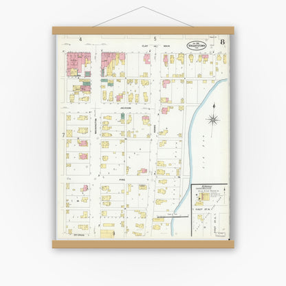 Old map wall art mockup — magnetic wood frame on white wall — Sanborn Fire Insurance Map from Knightstown, Henry County, Indiana (1909), Sheet #0008
