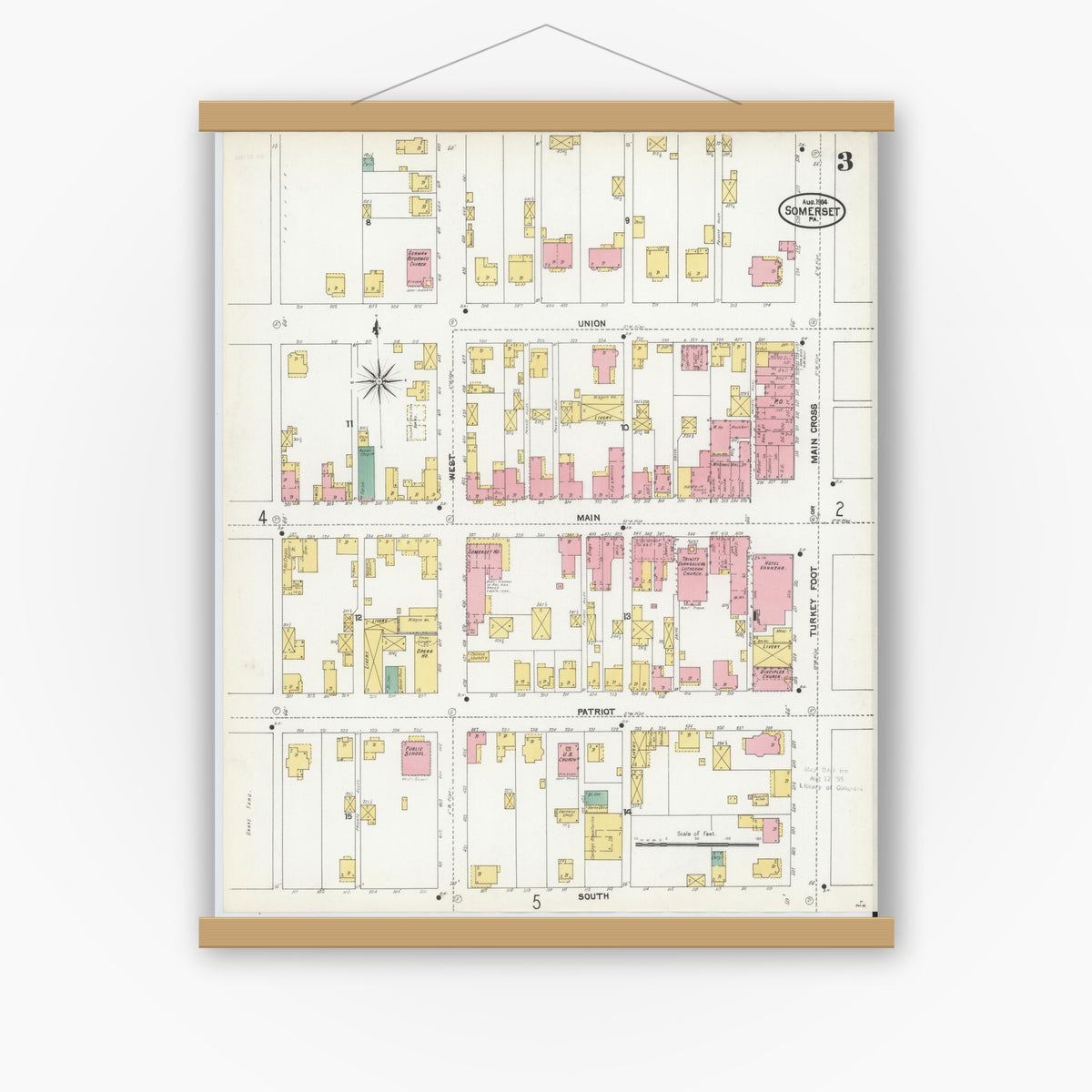 Old map wall art mockup — magnetic wood frame on white wall — Sanborn Fire Insurance Map from Somerset, Somerset County, Pennsylvania (1904), Sheet #0003