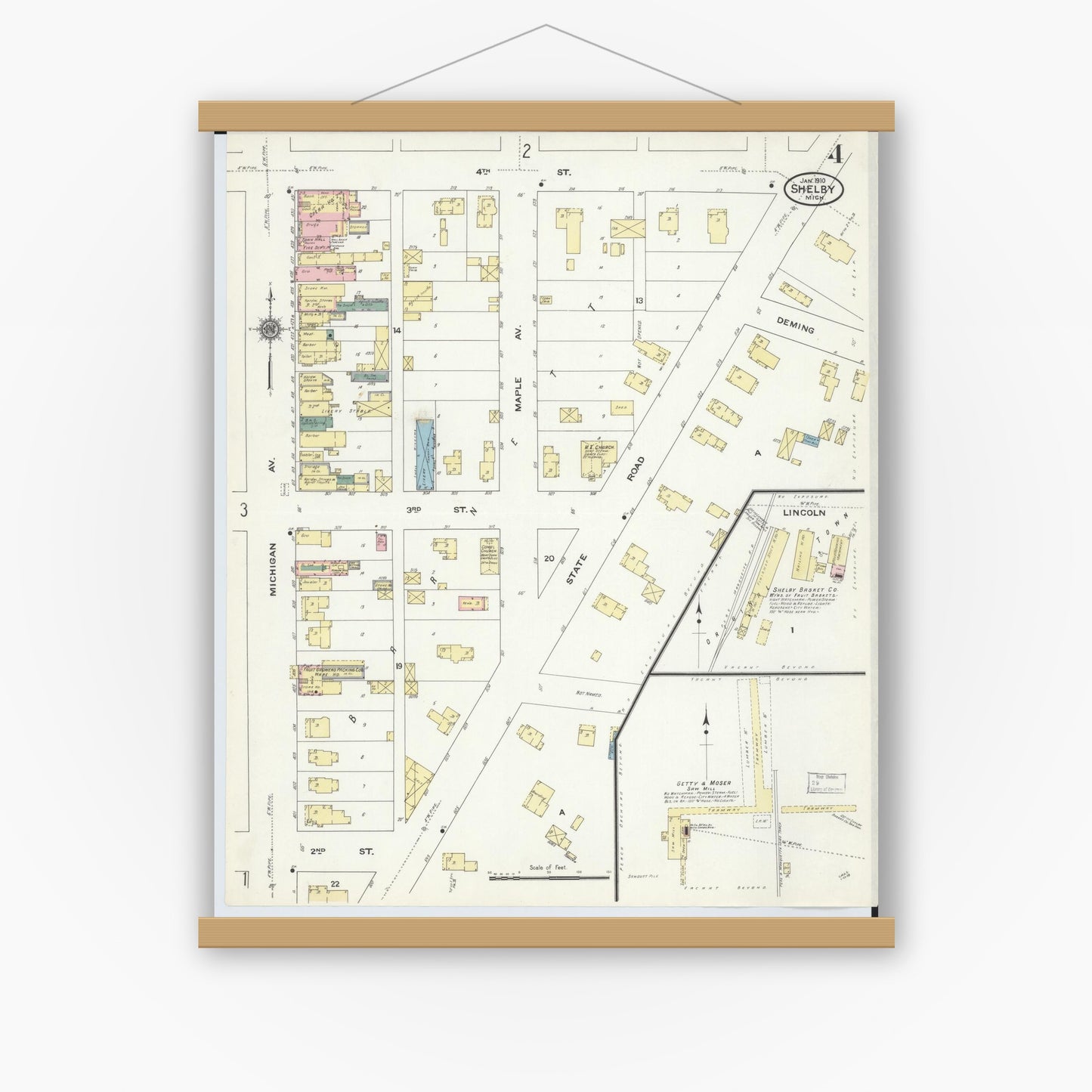 Old map wall art mockup — magnetic wood frame on white wall — Sanborn Fire Insurance Map from Shelby, Oceana County, Michigan (1910), Sheet #0004