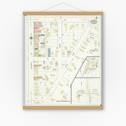 Old map wall art mockup — magnetic wood frame on white wall — Sanborn Fire Insurance Map from Shelby, Oceana County, Michigan (1910), Sheet #0004