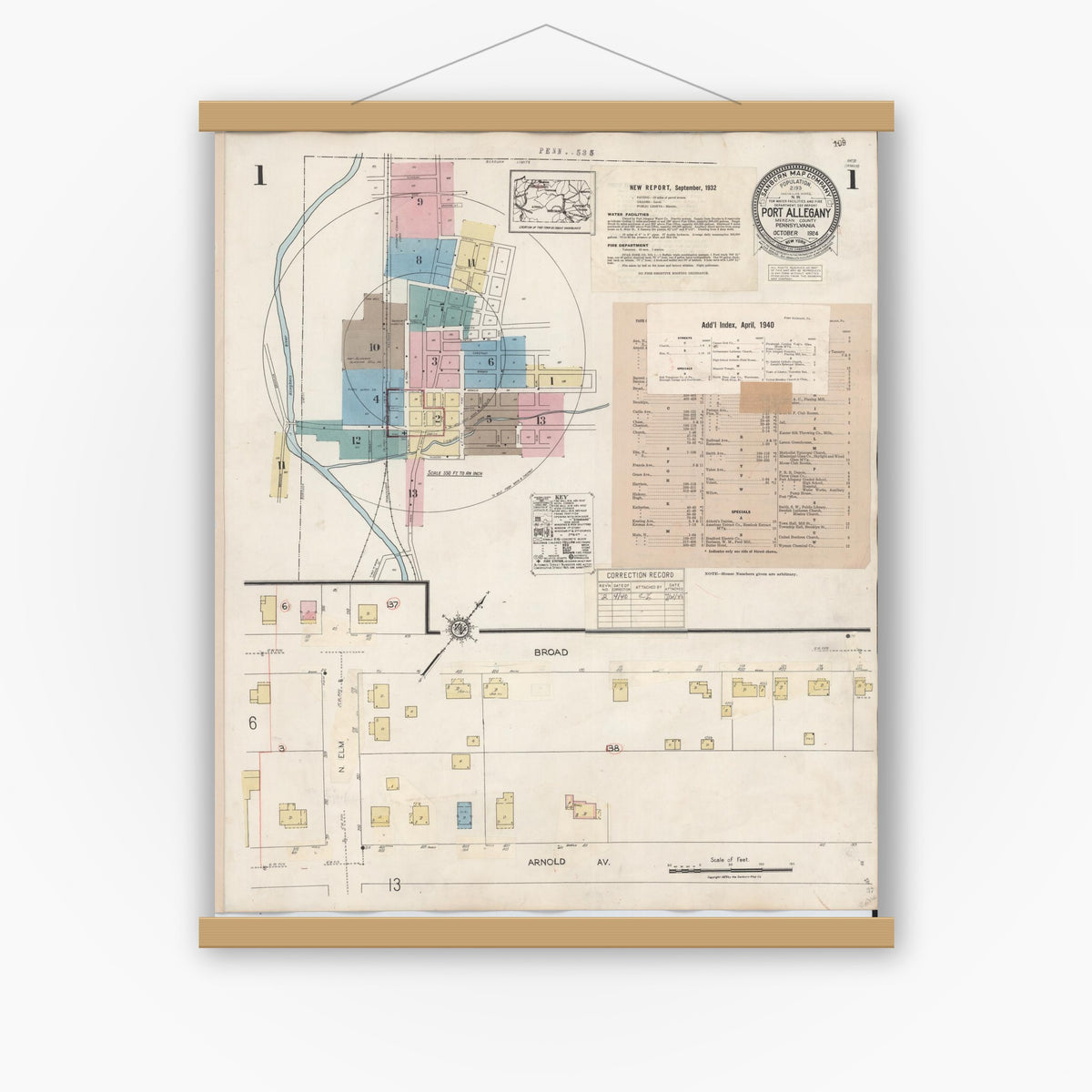 Old map wall art mockup — magnetic wood frame on white wall — Sanborn Fire Insurance Map from Port Allegany, McKean County, Pennsylvania (1940) - Complete Map Set