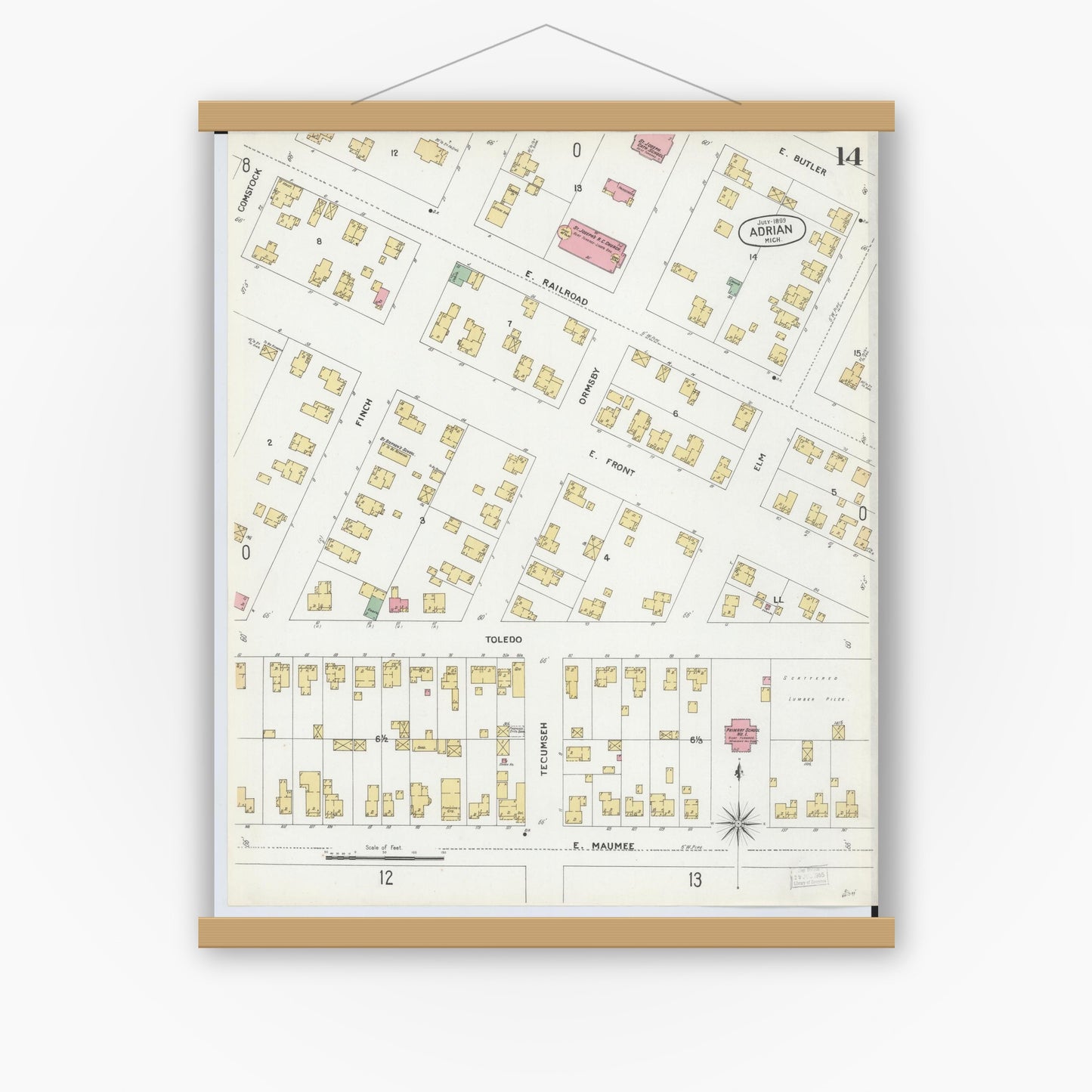 Old map wall art mockup — magnetic wood frame on white wall — Sanborn Fire Insurance Map from Adrian, Lenawee County, Michigan (1899), Sheet #0014
