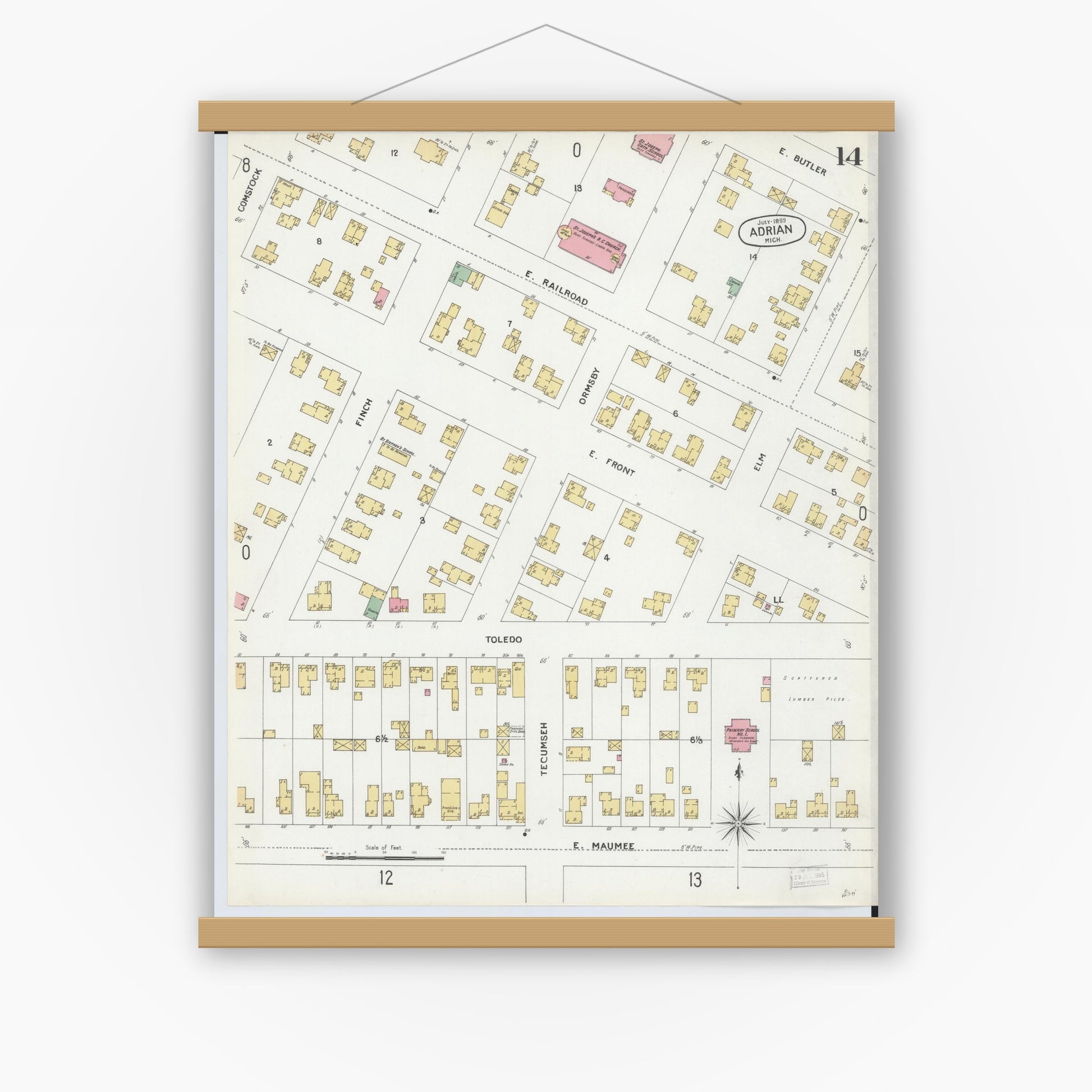 Old map wall art mockup — magnetic wood frame on white wall — Sanborn Fire Insurance Map from Adrian, Lenawee County, Michigan (1899), Sheet #0014