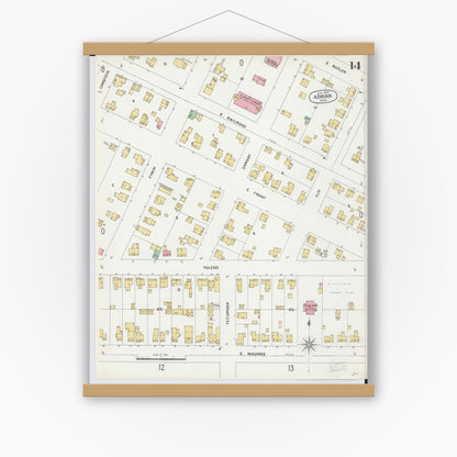 Old map wall art mockup — magnetic wood frame on white wall — Sanborn Fire Insurance Map from Adrian, Lenawee County, Michigan (1899), Sheet #0014
