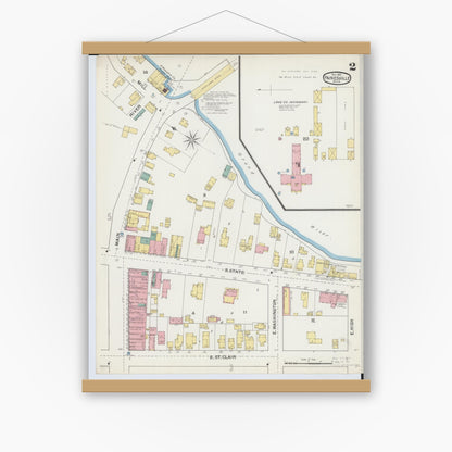Old map wall art mockup — magnetic wood frame on white wall — Sanborn Fire Insurance Map from Painesville, Lake County, Ohio (1892), Sheet #0002