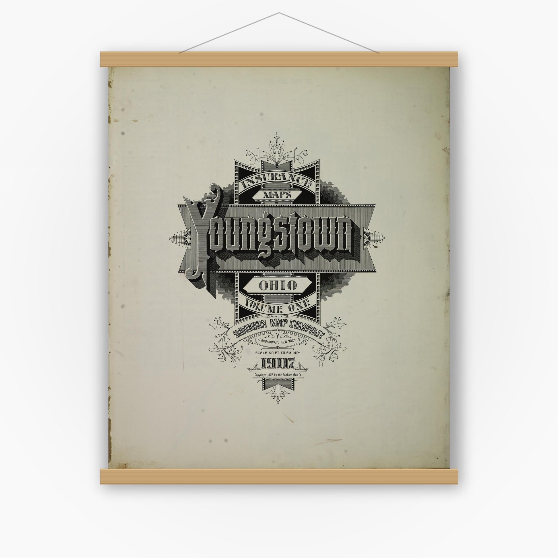 Old map wall art mockup — magnetic wood frame on white wall — Sanborn Fire Insurance Map from Youngstown, Mahoning County, Ohio (1907), Sheet #0001