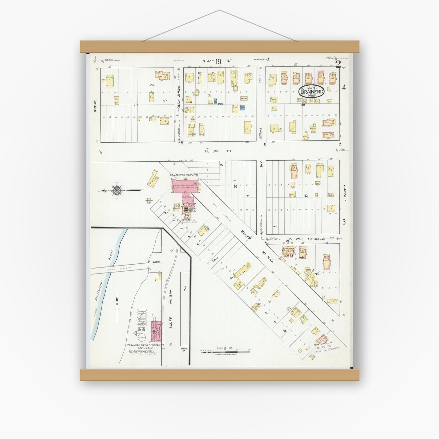 Old map wall art mockup — magnetic wood frame on white wall — Sanborn Fire Insurance Map from Brainerd, Crow Wing County, Minnesota (1917), Sheet #0002