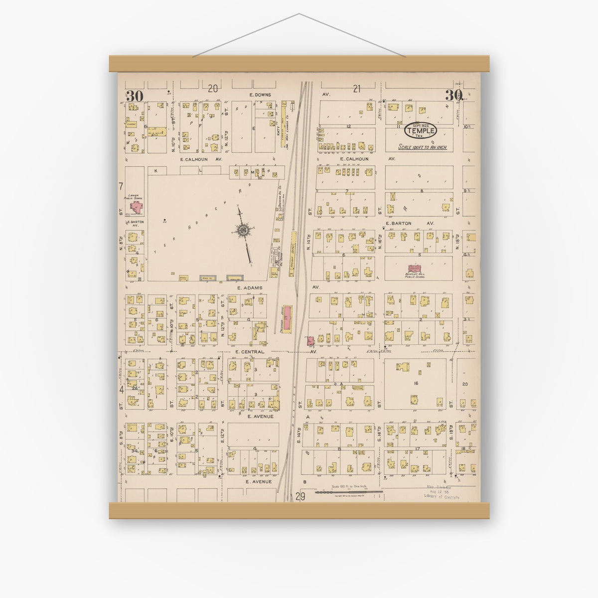 Old map wall art mockup — magnetic wood frame on white wall — Sanborn Fire Insurance Map from Temple, Bell County, Texas (1922), Sheet #0030
