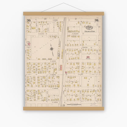 Old map wall art mockup — magnetic wood frame on white wall — Sanborn Fire Insurance Map from Temple, Bell County, Texas (1922), Sheet #0030