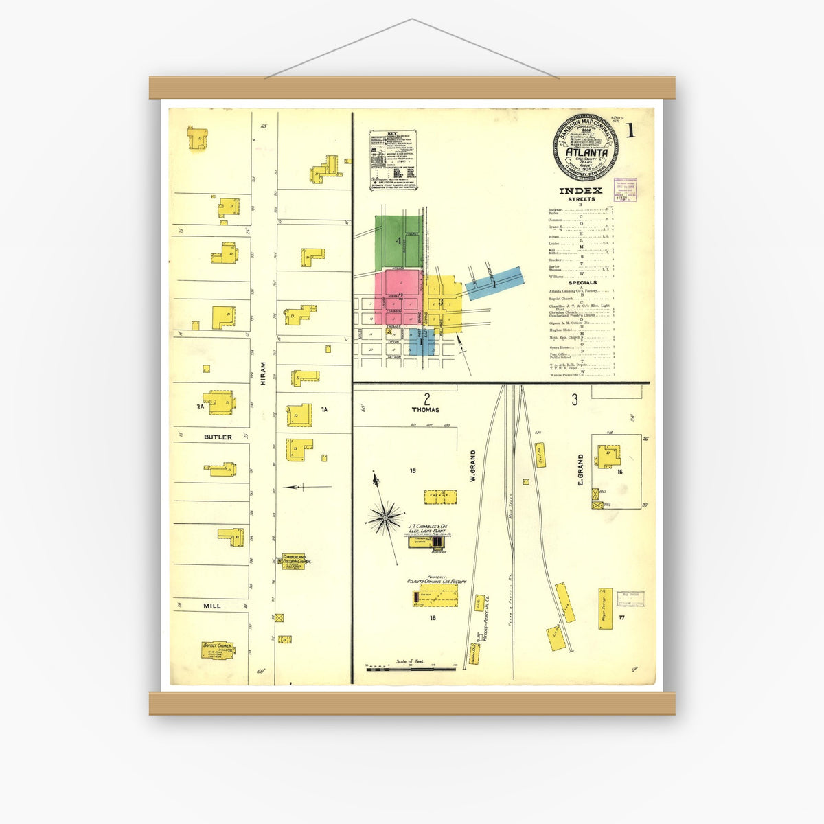 Old map wall art mockup — magnetic wood frame on white wall — Sanborn Fire Insurance Map from Atlanta, Cass County, Texas (1906), Sheet #0001