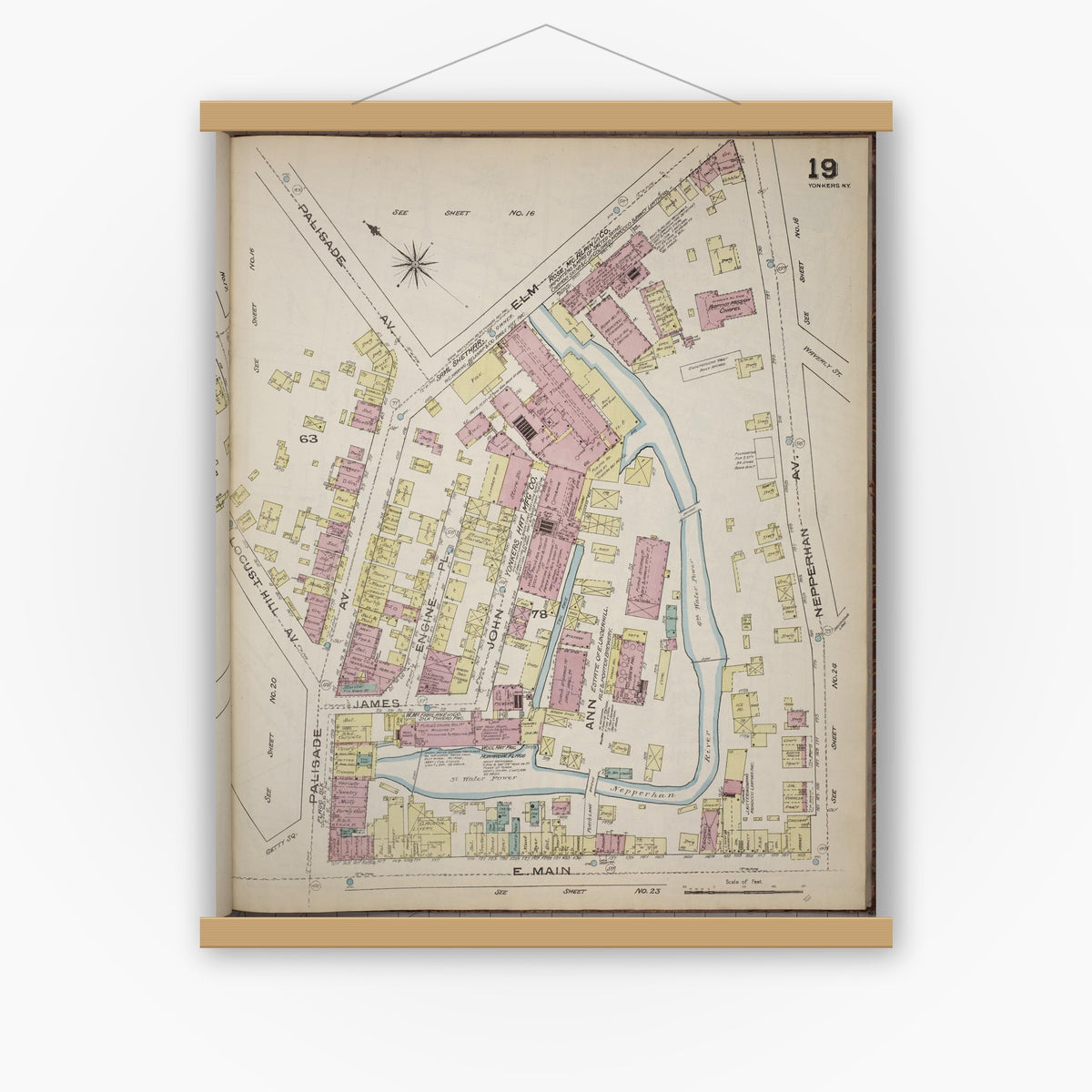 Old map wall art mockup — magnetic wood frame on white wall — Sanborn Fire Insurance Map from Yonkers, Westchester County, New York (1886), Sheet #0019