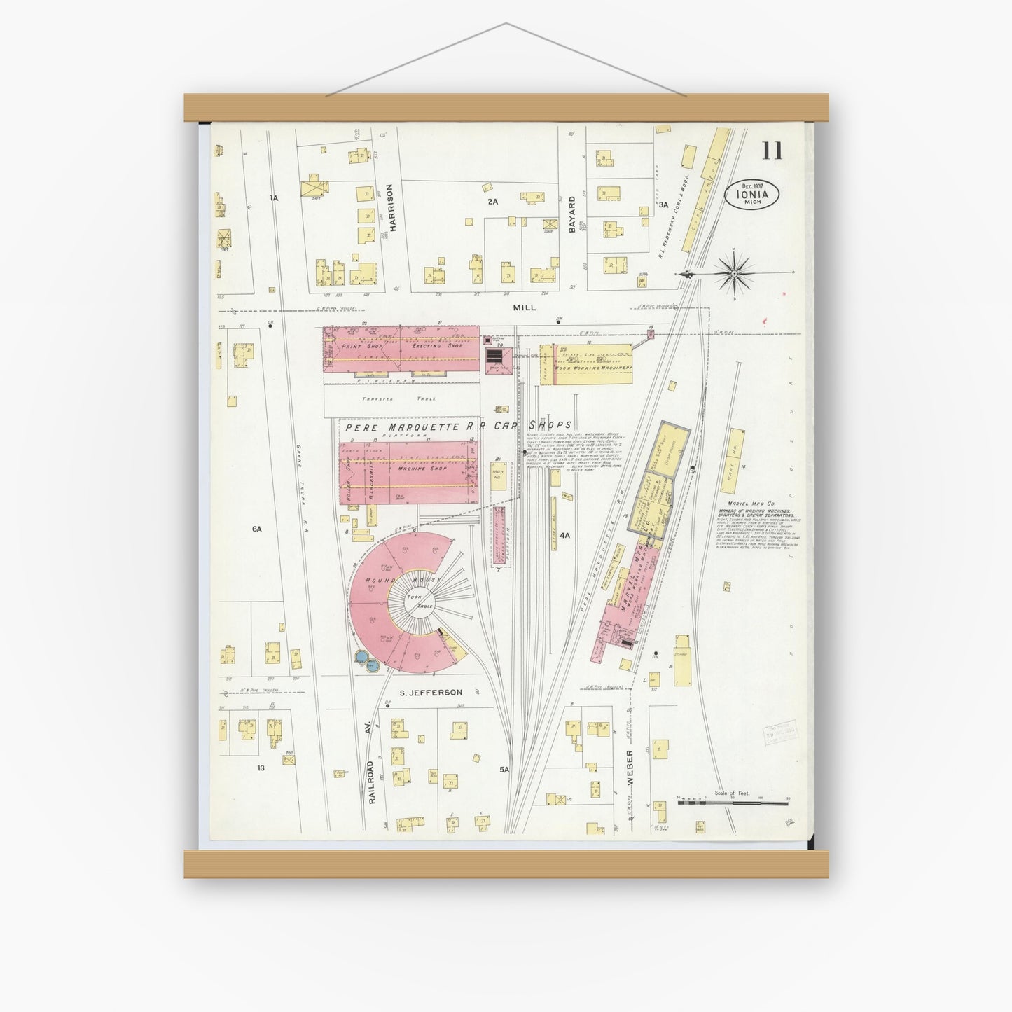 Old map wall art mockup — magnetic wood frame on white wall — Sanborn Fire Insurance Map from Ionia, Ionia County, Michigan (1907), Sheet #0011