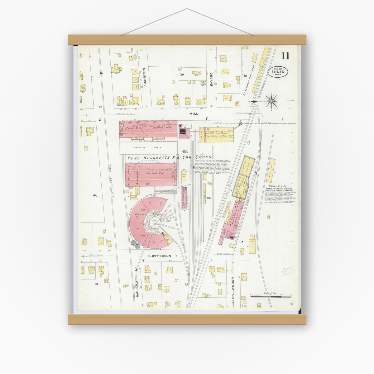 Old map wall art mockup — magnetic wood frame on white wall — Sanborn Fire Insurance Map from Ionia, Ionia County, Michigan (1907), Sheet #0011