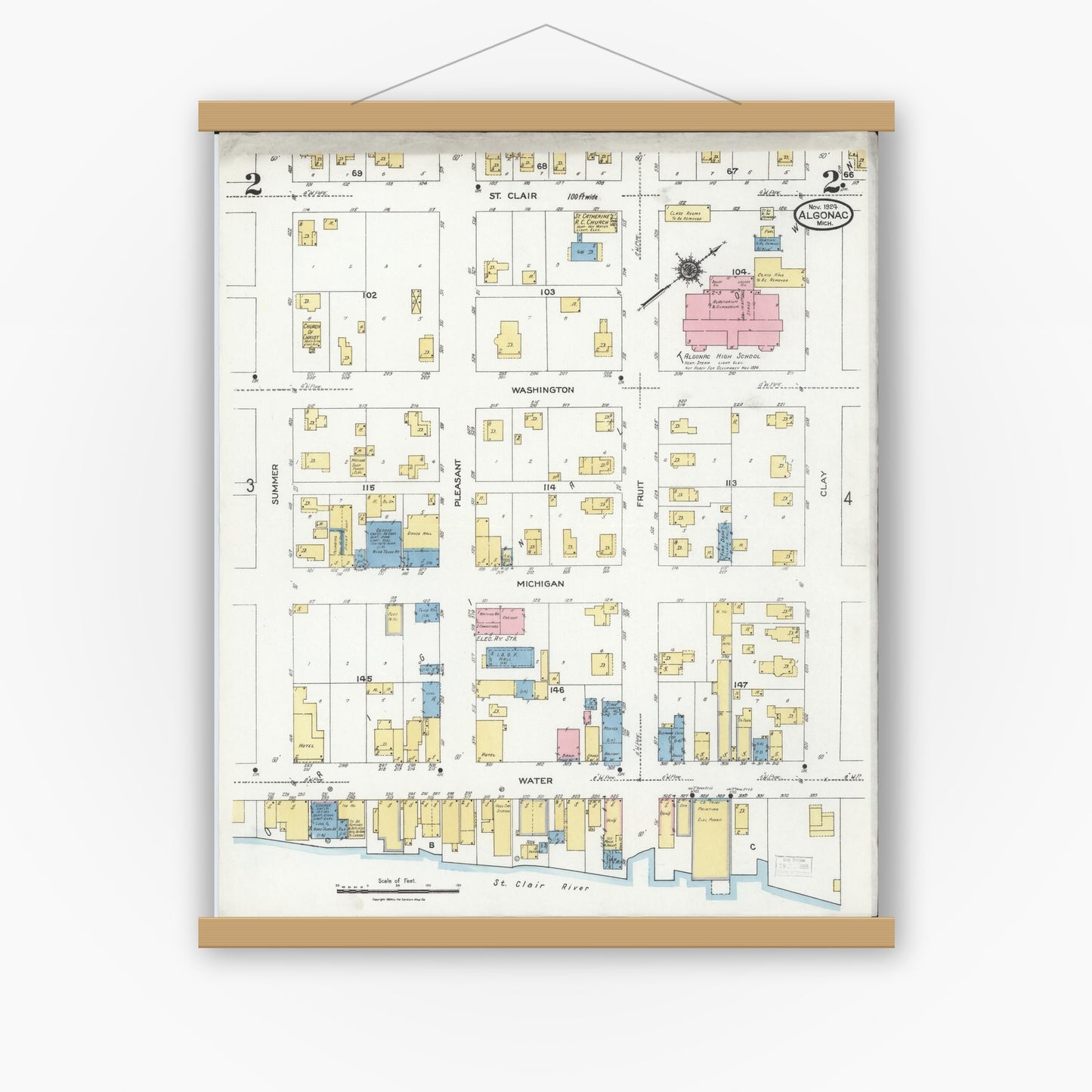 Old map wall art mockup — magnetic wood frame on white wall — Sanborn Fire Insurance Map from Algonac, Saint Clair County, Michigan (1924), Sheet #0002
