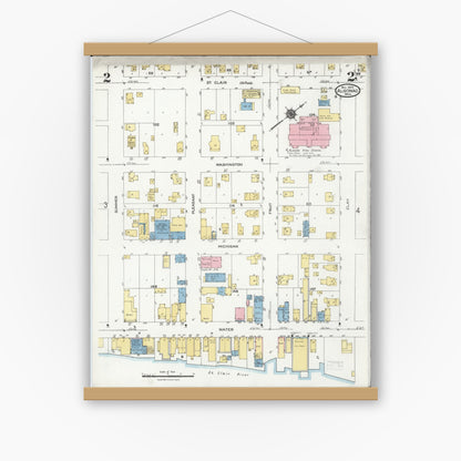 Old map wall art mockup — magnetic wood frame on white wall — Sanborn Fire Insurance Map from Algonac, Saint Clair County, Michigan (1924), Sheet #0002