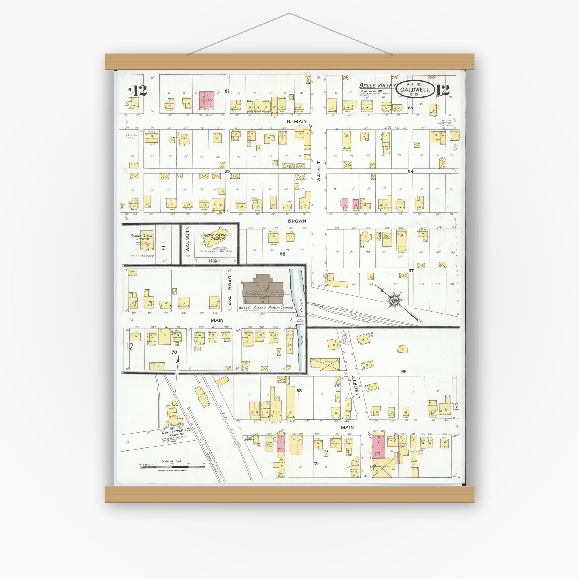 Old map wall art mockup — magnetic wood frame on white wall — Sanborn Fire Insurance Map from Caldwell, Noble County, Ohio (1923), Sheet #0012