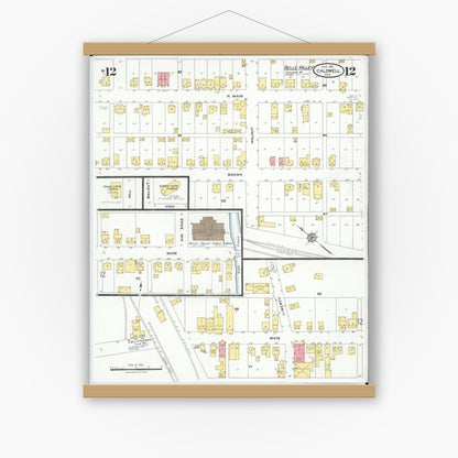 Old map wall art mockup — magnetic wood frame on white wall — Sanborn Fire Insurance Map from Caldwell, Noble County, Ohio (1923), Sheet #0012