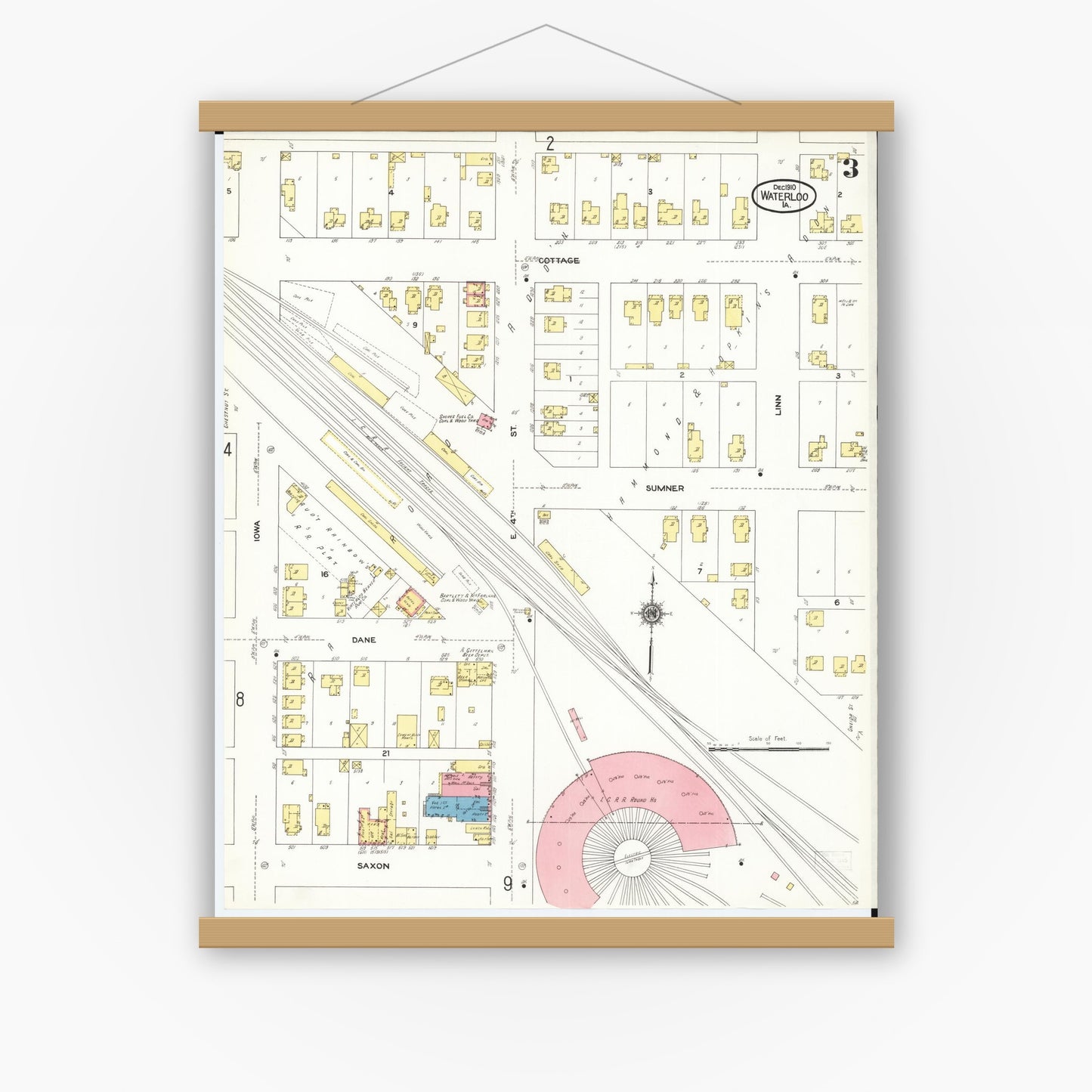 Old map wall art mockup — magnetic wood frame on white wall — Sanborn Fire Insurance Map from Waterloo, Black Hawk County, Iowa (1910), Sheet #0003