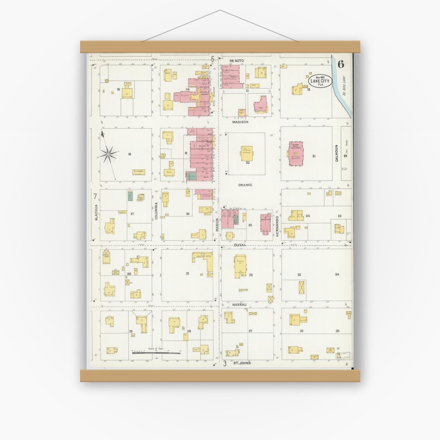 Old map wall art mockup — magnetic wood frame on white wall — Sanborn Fire Insurance Map from Lake City, Columbia County, Florida (1902), Sheet #0006