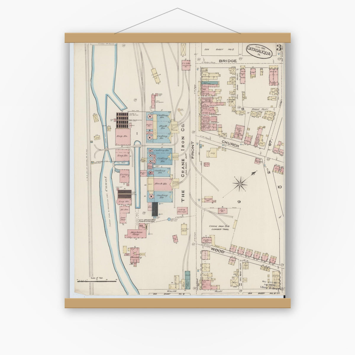 Old map wall art mockup — magnetic wood frame on white wall — Sanborn Fire Insurance Map from Catasauqua, Lehigh County, Pennsylvania (1885), Sheet #0003