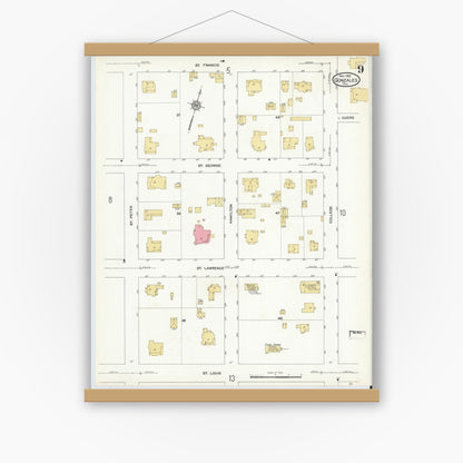 Old map wall art mockup — magnetic wood frame on white wall — Sanborn Fire Insurance Map from Gonzales, Gonzales County, Texas (1912), Sheet #0009