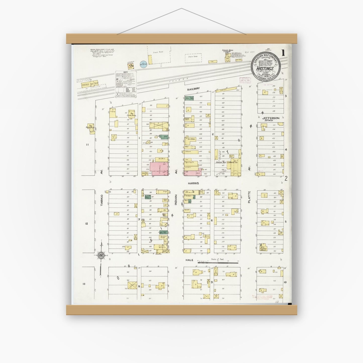 Old map wall art mockup — magnetic wood frame on white wall — Sanborn Fire Insurance Map from Hastings, Mills County, Iowa (1909) â€” Complete Set