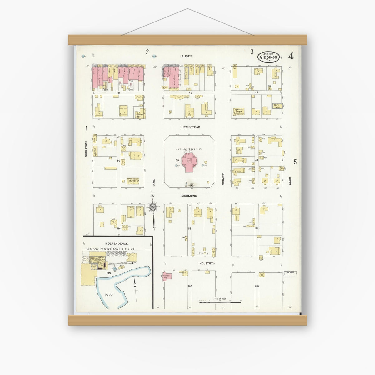 Old map wall art mockup — magnetic wood frame on white wall — Sanborn Fire Insurance Map from Giddings, Lee County, Texas (1912), Sheet #0004