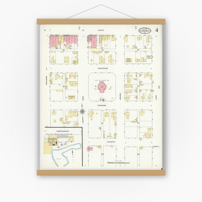 Old map wall art mockup — magnetic wood frame on white wall — Sanborn Fire Insurance Map from Giddings, Lee County, Texas (1912), Sheet #0004