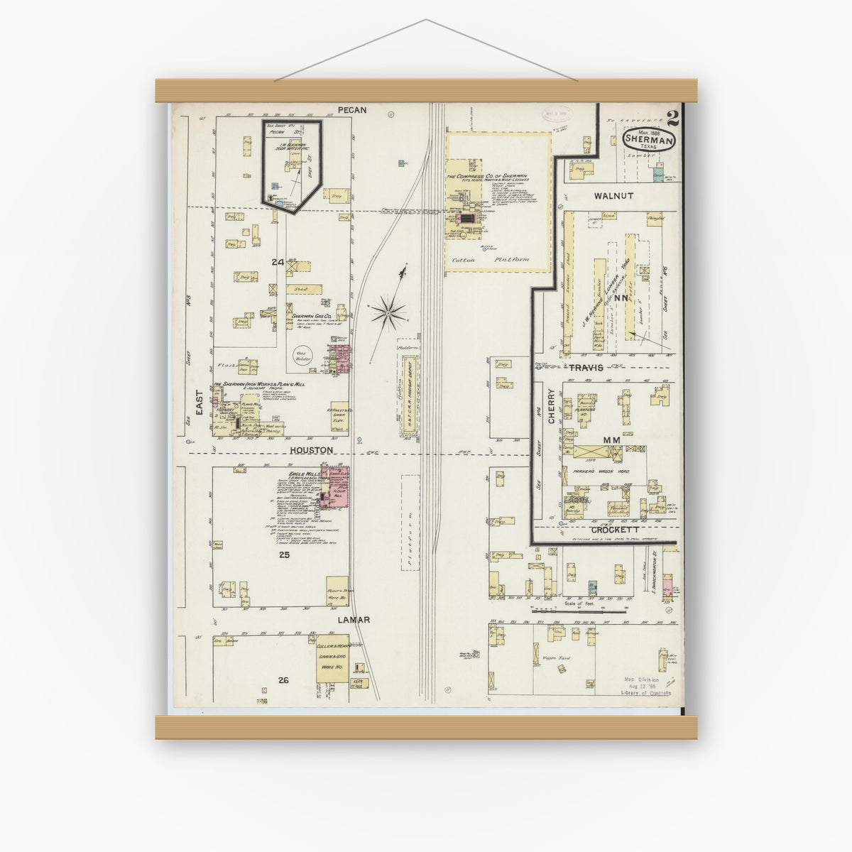 Old map wall art mockup — magnetic wood frame on white wall — Sanborn Fire Insurance Map from Sherman, Grayson County, Texas (1888), Sheet #0002