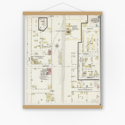 Old map wall art mockup — magnetic wood frame on white wall — Sanborn Fire Insurance Map from Sherman, Grayson County, Texas (1888), Sheet #0002