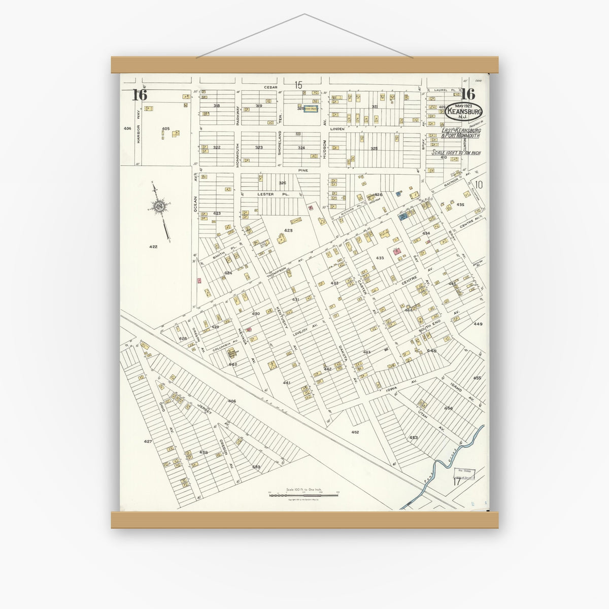 Old map wall art mockup — magnetic wood frame on white wall — Sanborn Fire Insurance Map from Keansburg, Monmouth County, New Jersey (1923), Sheet #0016