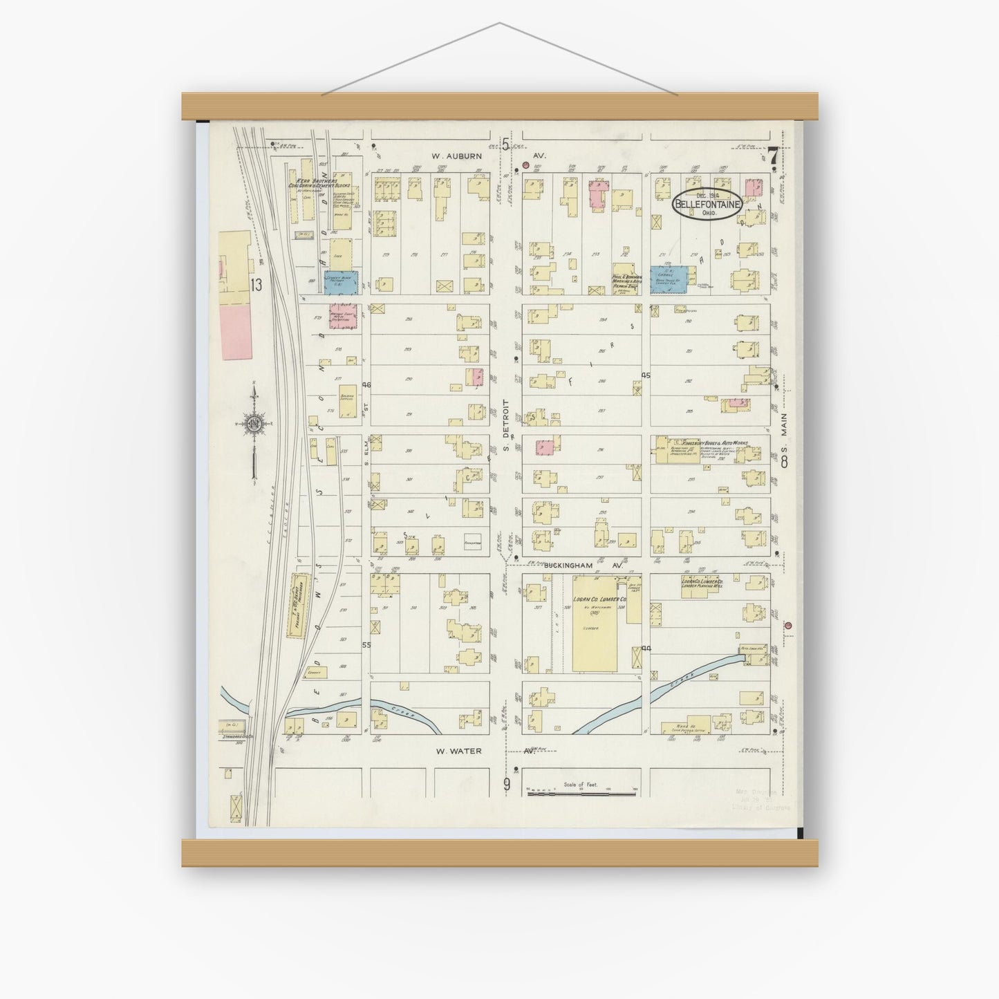 Old map wall art mockup — magnetic wood frame on white wall — Sanborn Fire Insurance Map from Bellefontaine, Logan County, Ohio (1914), Sheet #0007