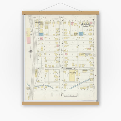 Old map wall art mockup — magnetic wood frame on white wall — Sanborn Fire Insurance Map from Bellefontaine, Logan County, Ohio (1914), Sheet #0007