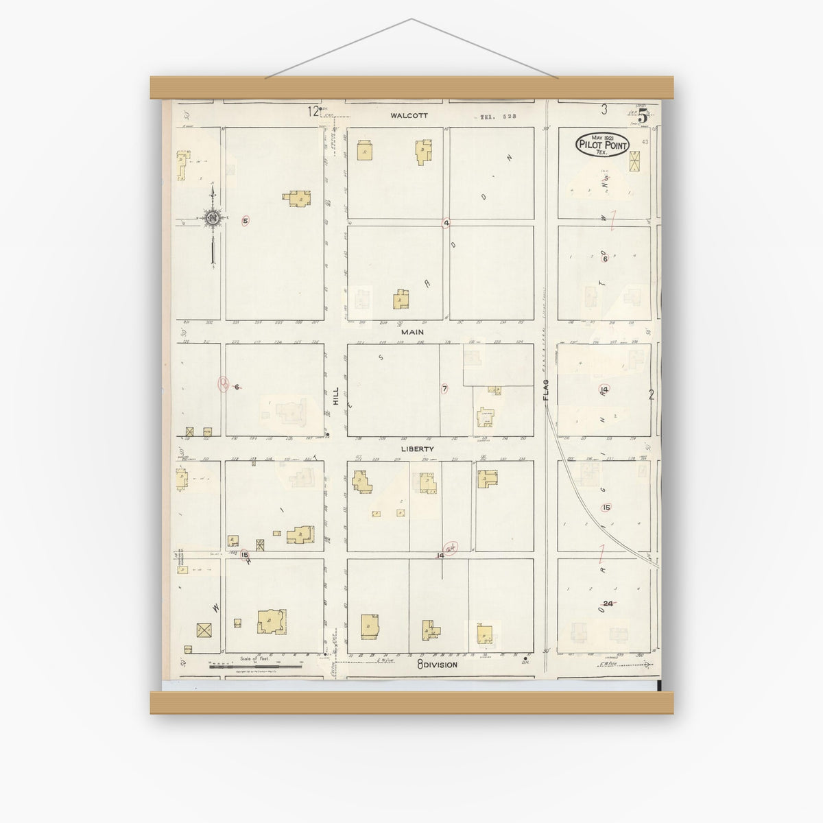 Old map wall art mockup — magnetic wood frame on white wall — Sanborn Fire Insurance Map from Pilot Point, Denton County, Texas (1940), Sheet #0005