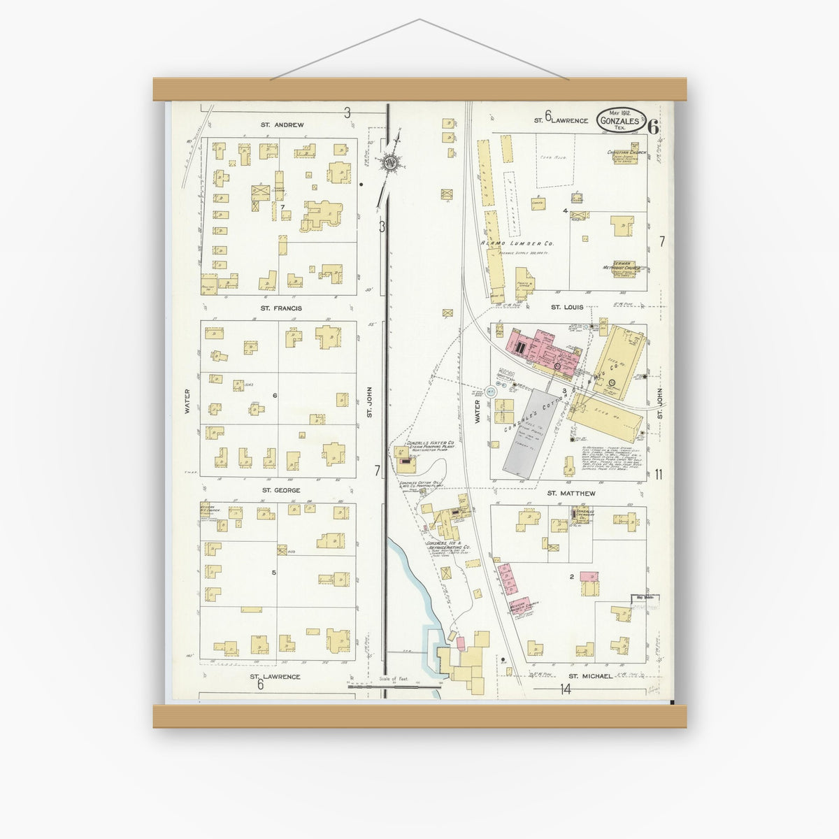Old map wall art mockup — magnetic wood frame on white wall — Sanborn Fire Insurance Map from Gonzales, Gonzales County, Texas (1912), Sheet #0006